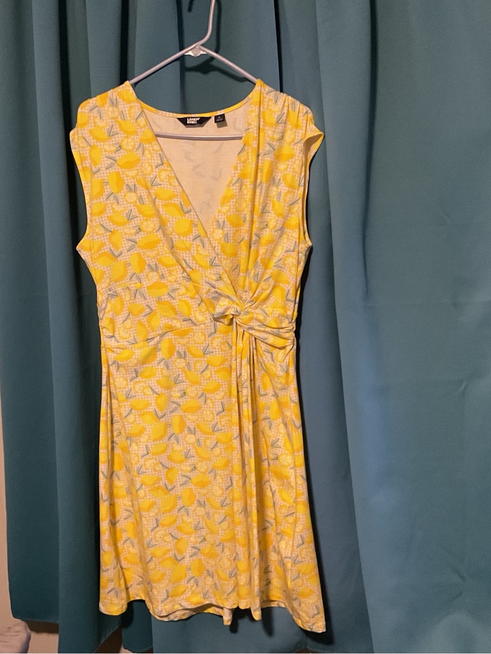 Lands' End Yellow Leaf-Print Twist-Front V-Neck Dress